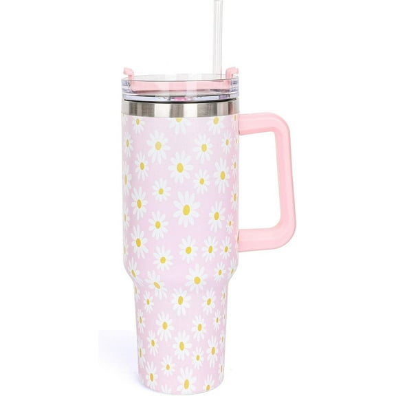 40oz  Pink Daisy Flower Tumbler with Handle and Lid -Travel Cup for Women Friends' Holidays and Birthdays Gift