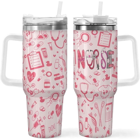 40oz Pink Nurse Tumbler for Women - Handle, Lid, Straw Included, Nurse Appreciation and Nurses Week Gift