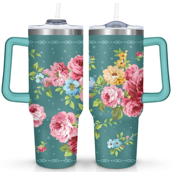 40oz Pioneer Colorful Floral Stainless Steel Flip Straw Tumbler with Lid and Straw Spill Proof Travel Cup Double Wall Vacuum Insulated Coffee Mug with Handle Greenish-blue