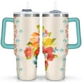 thumbnail image 1 of 40oz Pioneer Colorful Floral Stainless Steel Flip Straw Tumbler with Lid and Straw Spill Proof Travel Cup Double Wall Vacuum Insulated Coffee Mug with Handle Greenish-blue, 1 of 7