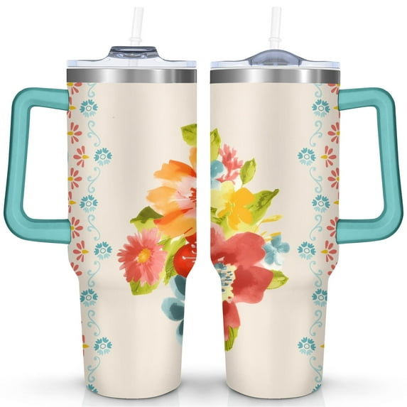40oz Pioneer Colorful Floral Stainless Steel Flip Straw Tumbler with Lid and Straw Spill Proof Travel Cup Double Wall Vacuum Insulated Coffee Mug with Handle Greenish-blue