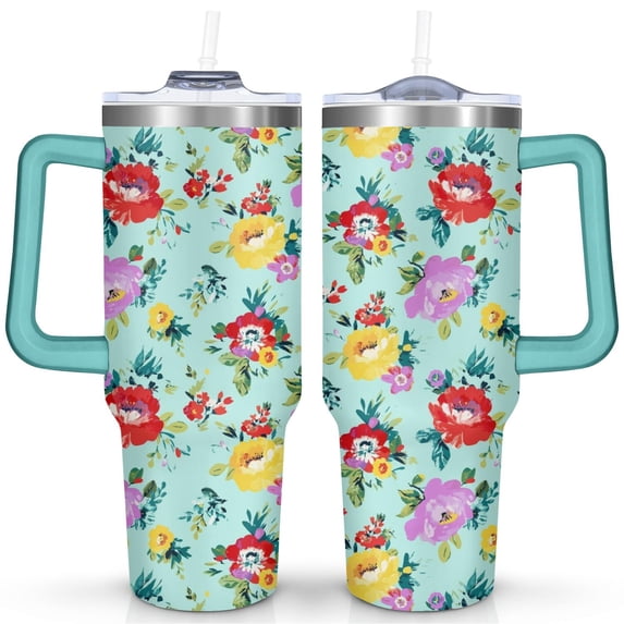 40oz Pioneer Colorful Floral Stainless Steel Flip Straw Tumbler with Lid and Straw Spill Proof Travel Cup Double Wall Vacuum Insulated Coffee Mug with Handle Greenish-blue