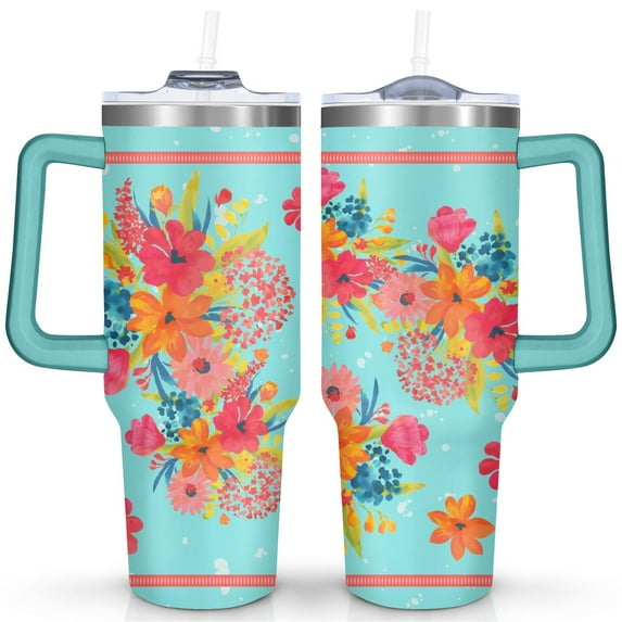 40oz Pioneer Colorful Floral Stainless Steel Flip Straw Tumbler with Lid and Straw Spill Proof Travel Cup Double Wall Vacuum Insulated Coffee Mug with Handle Greenish-blue