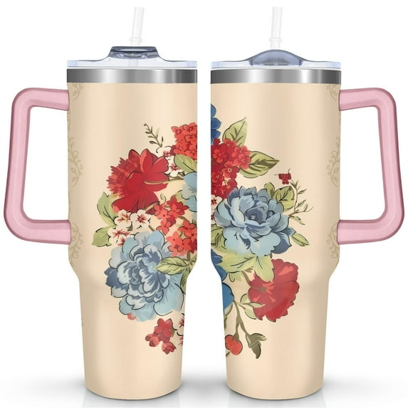 40oz Pioneer Colorful Floral Stainless Steel Flip Straw Tumbler with Lid and Straw Spill Proof Travel Cup Double Wall Vacuum Insulated Coffee Mug with Handle Pink