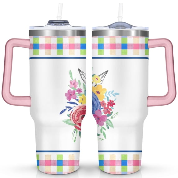 40oz Pioneer Colorful Floral Stainless Steel Flip Straw Tumbler with Lid and Straw Spill Proof Travel Cup Double Wall Vacuum Insulated Coffee Mug with Handle Pink