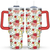 40oz Pioneer Colorful Floral Stainless Steel Flip Straw Tumbler with Lid and Straw Spill Proof Travel Cup Double Wall Vacuum Insulated Coffee Mug with Handle Red