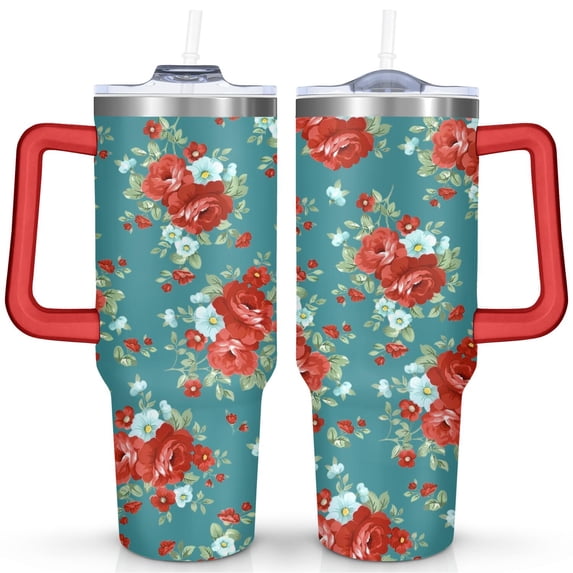 40oz Pioneer Colorful Floral Stainless Steel Flip Straw Tumbler with Lid and Straw Spill Proof Travel Cup Double Wall Vacuum Insulated Coffee Mug with Handle Red