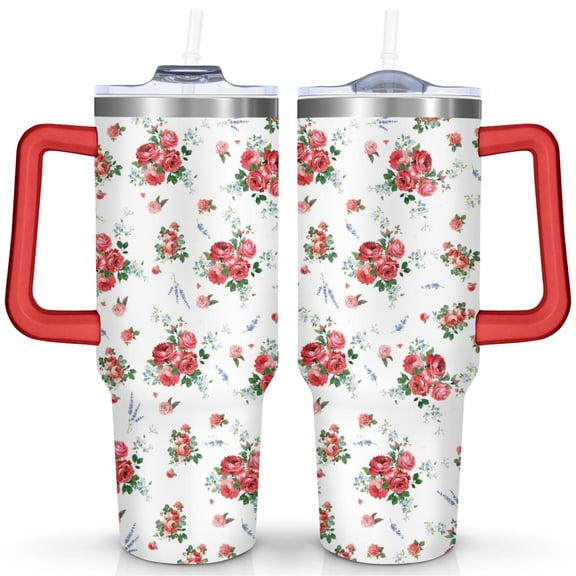 40oz Pioneer Colorful Floral Stainless Steel Flip Straw Tumbler with Lid and Straw Spill Proof Travel Cup Double Wall Vacuum Insulated Coffee Mug with Handle Red