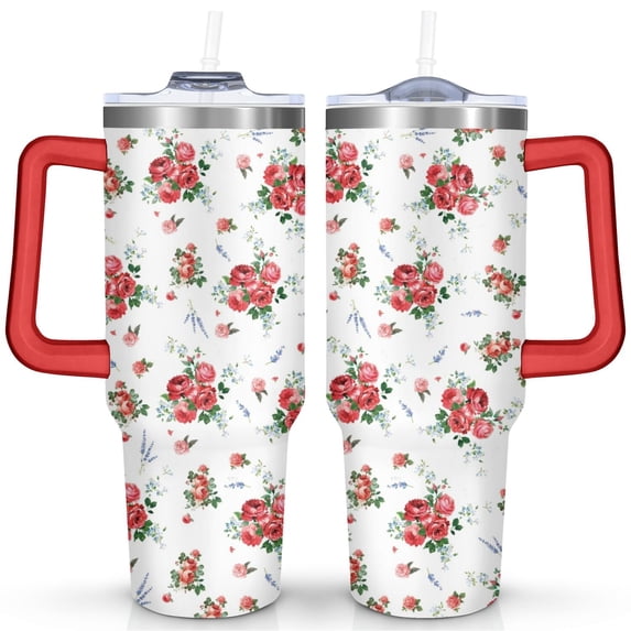 40oz Pioneer Colorful Floral Stainless Steel Flip Straw Tumbler with Lid and Straw Spill Proof Travel Cup Double Wall Vacuum Insulated Coffee Mug with Handle Red