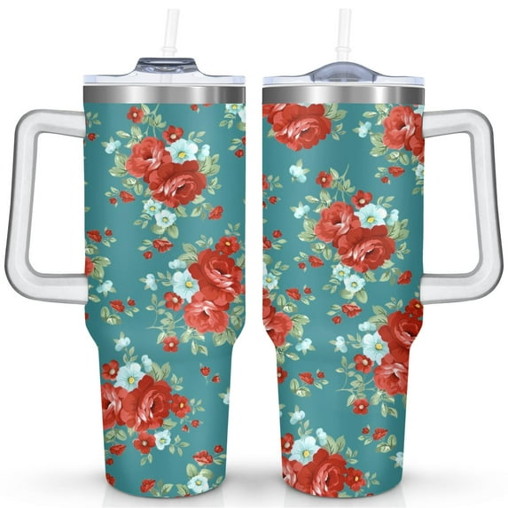 40oz Pioneer Colorful Floral Stainless Steel Flip Straw Tumbler with Lid and Straw Spill Proof Travel Cup Double Wall Vacuum Insulated Coffee Mug with Handle White