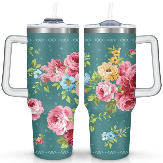40oz Pioneer Colorful Floral Stainless Steel Flip Straw Tumbler with Lid and Straw Spill Proof Travel Cup Double Wall Vacuum Insulated Coffee Mug with Handle White