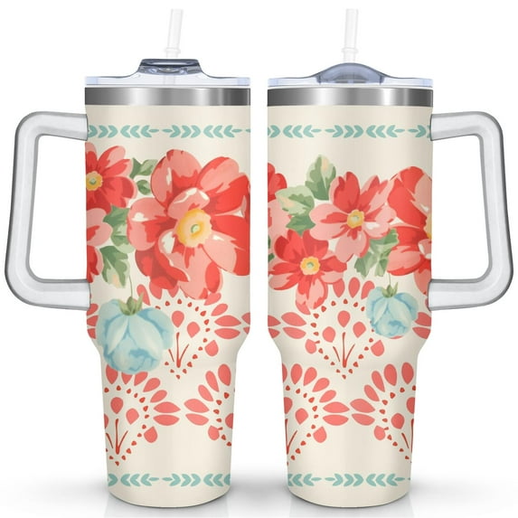 40oz Pioneer Colorful Floral Stainless Steel Flip Straw Tumbler with Lid and Straw Spill Proof Travel Cup Double Wall Vacuum Insulated Coffee Mug with Handle White