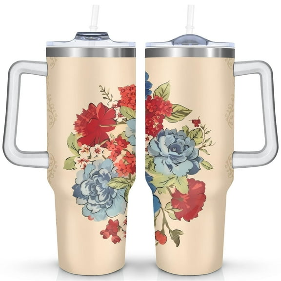 40oz Pioneer Colorful Floral Stainless Steel Flip Straw Tumbler with Lid and Straw Spill Proof Travel Cup Double Wall Vacuum Insulated Coffee Mug with Handle White