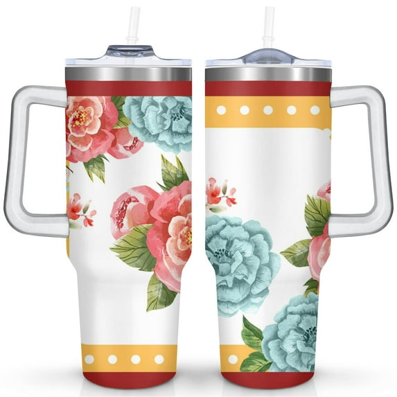 40oz Pioneer Colorful Floral Stainless Steel Flip Straw Tumbler with Lid and Straw Spill Proof Travel Cup Double Wall Vacuum Insulated Coffee Mug with Handle White