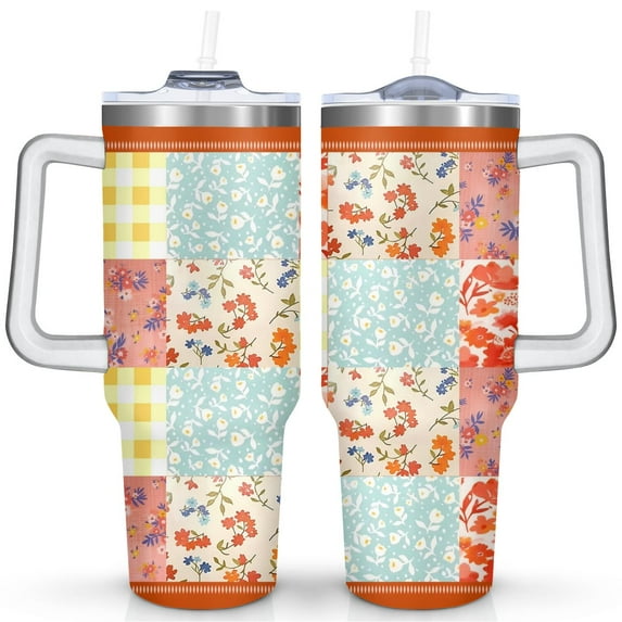 40oz Pioneer Colorful Floral Stainless Steel Flip Straw Tumbler with Lid and Straw Spill Proof Travel Cup Double Wall Vacuum Insulated Coffee Mug with Handle White