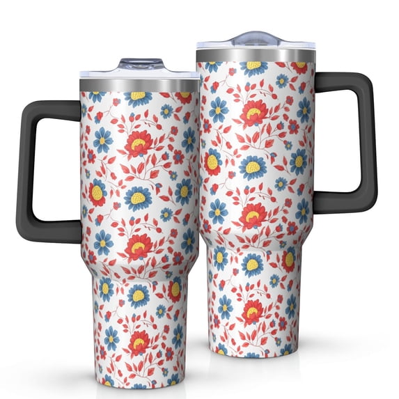 40oz Pioneer Flower Floral Print Pattern Insulated Tumbler with Handle, BPA-Free Leak Proof Lid and Straws, Double Wall Vacuum, Hot 12h/Cold 34h