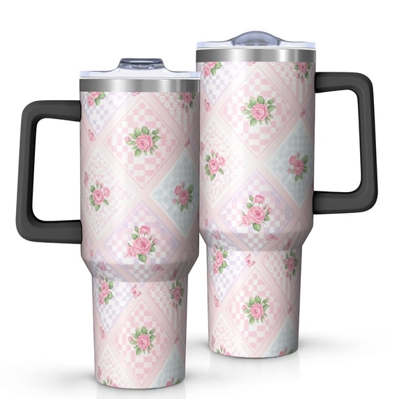 40oz Pioneer Flower Floral Print Pattern Insulated Tumbler with Handle, BPA-Free Leak Proof Lid and Straws, Double Wall Vacuum, Hot 12h/Cold 34h