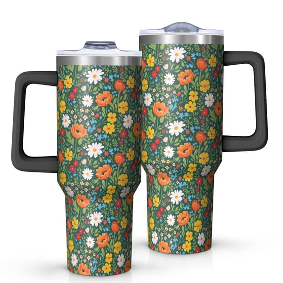 40oz Pioneer Flower Floral Print Pattern Insulated Tumbler with Handle, BPA-Free Leak Proof Lid and Straws, Double Wall Vacuum, Hot 12h/Cold 34h