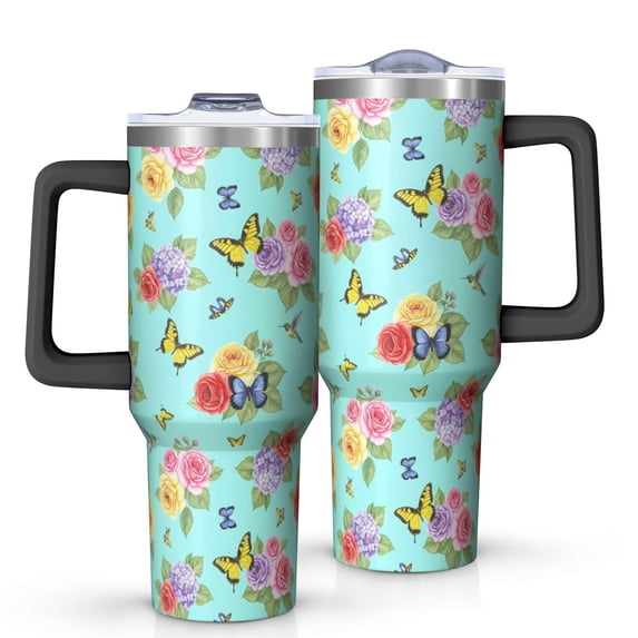 40oz Pioneer Flower Floral Print Pattern Insulated Tumbler with Handle, BPA-Free Leak Proof Lid and Straws, Double Wall Vacuum, Hot 12h/Cold 34h