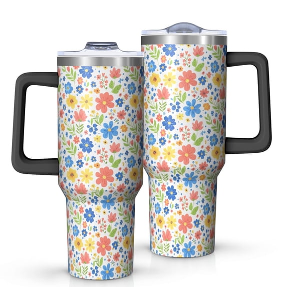 40oz Pioneer Flower Floral Print Pattern Insulated Tumbler with Handle, BPA-Free Leak Proof Lid and Straws, Double Wall Vacuum, Hot 12h/Cold 34h