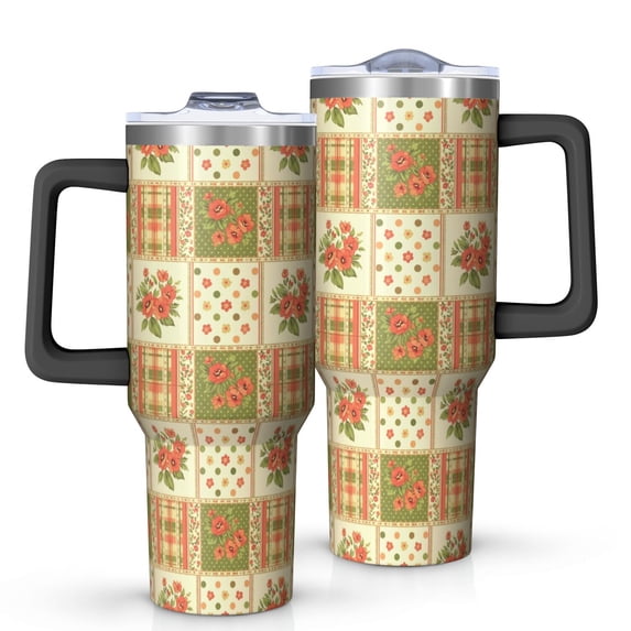 40oz Pioneer Flower Floral Print Pattern Insulated Tumbler with Handle, BPA-Free Leak Proof Lid and Straws, Double Wall Vacuum, Hot 12h/Cold 34h