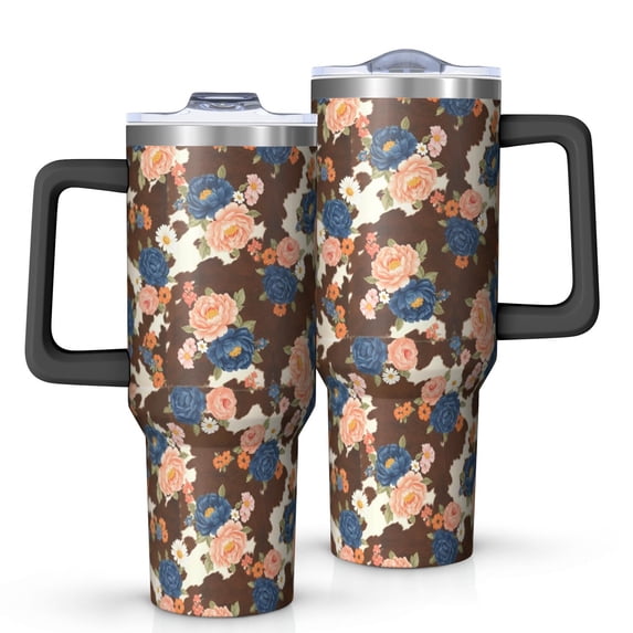 40oz Pioneer Flower Floral Print Pattern Insulated Tumbler with Handle, BPA-Free Leak Proof Lid and Straws, Double Wall Vacuum, Hot 12h/Cold 34h