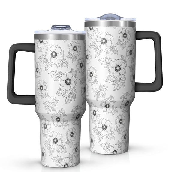 40oz Pioneer Flower Floral Print Pattern Insulated Tumbler with Handle, BPA-Free Leak Proof Lid and Straws, Double Wall Vacuum, Hot 12h/Cold 34h