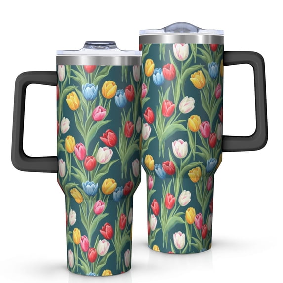 40oz Pioneer Flower Floral Print Pattern Insulated Tumbler with Handle, BPA-Free Leak Proof Lid and Straws, Double Wall Vacuum, Hot 12h/Cold 34h