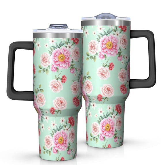 40oz Pioneer Flower Floral Print Pattern Insulated Tumbler with Handle, BPA-Free Leak Proof Lid and Straws, Double Wall Vacuum, Hot 12h/Cold 34h
