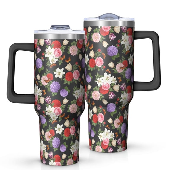 40oz Pioneer Flower Floral Print Pattern Insulated Tumbler with Handle, BPA-Free Leak Proof Lid and Straws, Double Wall Vacuum, Hot 12h/Cold 34h