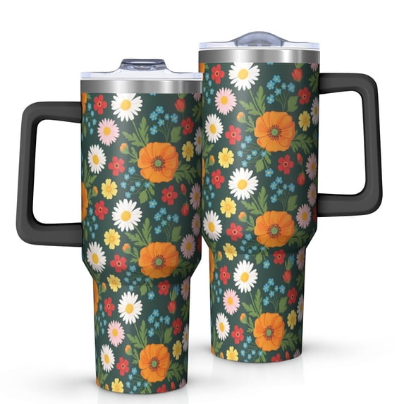 40oz Pioneer Flower Floral Print Pattern Insulated Tumbler with Handle, BPA-Free Leak Proof Lid and Straws, Double Wall Vacuum, Hot 12h/Cold 34h