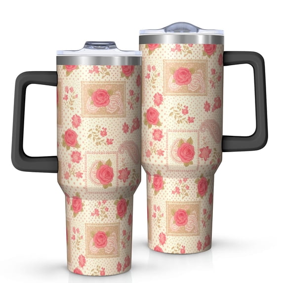 40oz Pioneer Flower Floral Print Pattern Insulated Tumbler with Handle, BPA-Free Leak Proof Lid and Straws, Double Wall Vacuum, Hot 12h/Cold 34h
