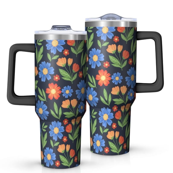 40oz Pioneer Flower Floral Print Pattern Insulated Tumbler with Handle, BPA-Free Leak Proof Lid and Straws, Double Wall Vacuum, Hot 12h/Cold 34h