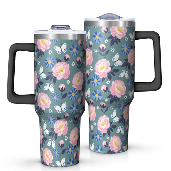 40oz Pioneer Flower Floral Print Pattern Insulated Tumbler with Handle, BPA-Free Leak Proof Lid and Straws, Double Wall Vacuum, Hot 12h/Cold 34h