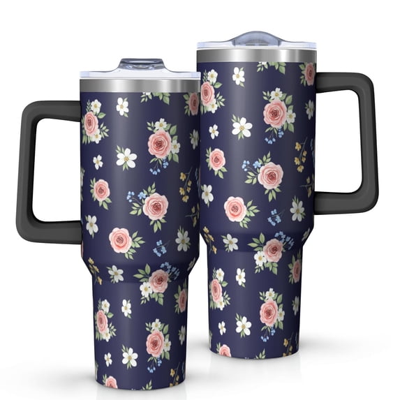 40oz Pioneer Flower Floral Print Pattern Insulated Tumbler with Handle, BPA-Free Leak Proof Lid and Straws, Double Wall Vacuum, Hot 12h/Cold 34h