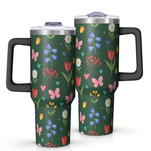 40oz Pioneer Flower Floral Print Pattern Insulated Tumbler with Handle, BPA-Free Leak Proof Lid and Straws, Double Wall Vacuum, Hot 12h/Cold 34h