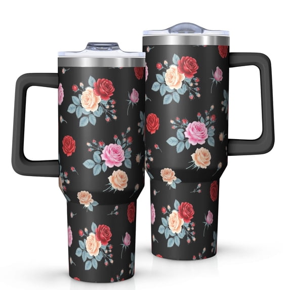 40oz Pioneer Flower Floral Print Pattern Insulated Tumbler with Handle, BPA-Free Leak Proof Lid and Straws, Double Wall Vacuum, Hot 12h/Cold 34h