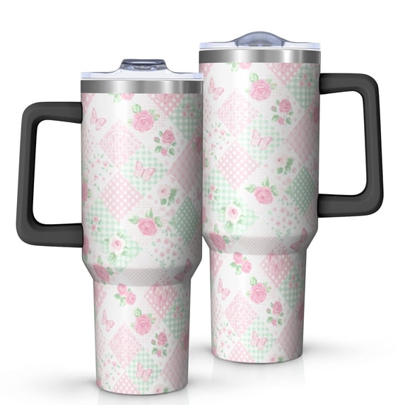40oz Pioneer Flower Floral Print Pattern Insulated Tumbler with Handle, BPA-Free Leak Proof Lid and Straws, Double Wall Vacuum, Hot 12h/Cold 34h