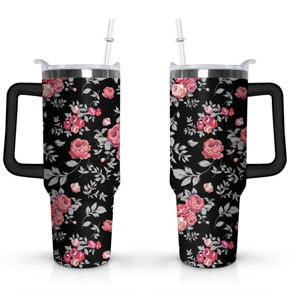 40oz Pioneer Tumbler with Handle Lid and Straw,Bohemian Style Colorful Floral Tumblers Gifts for Women Girls Men Adults（Black）