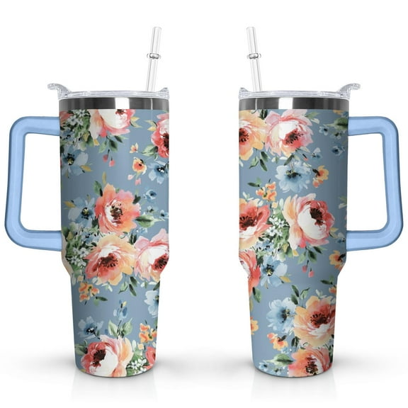 40oz Pioneer Tumbler with Handle Lid and Straw,Colorful Floral Tumblers Gifts for Women Girls Men Adults（Light-blue）