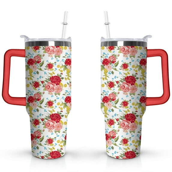 40oz Pioneer Tumbler with Handle Lid and Straw,Colorful Floral Tumblers Gifts for Women Girls Men Adults（Red）