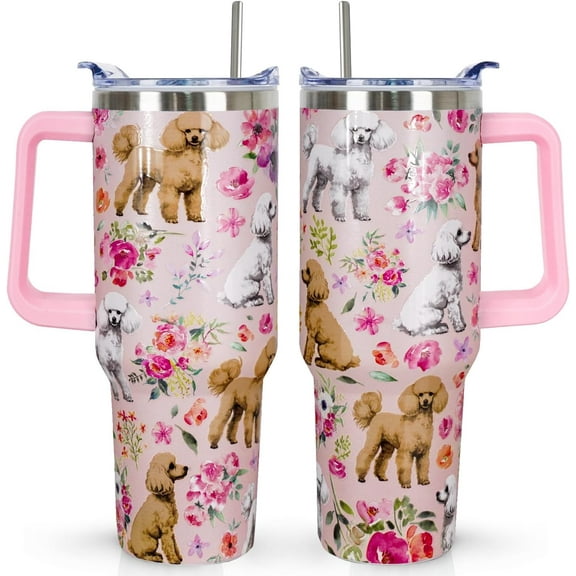 40oz Poodle Tumbler with Dogs & Vintage Floral Patterns - 3D Printed Insulated Stainless Steel Travel Mug - Perfect Dog Lover Gift