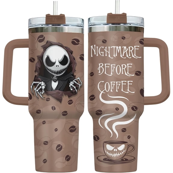 40oz Printed Tumbler with Handle and Straw – Nightmare Before Coffee – Stainless Steel Insulated Travel Mug for Gothic Coffee Lovers