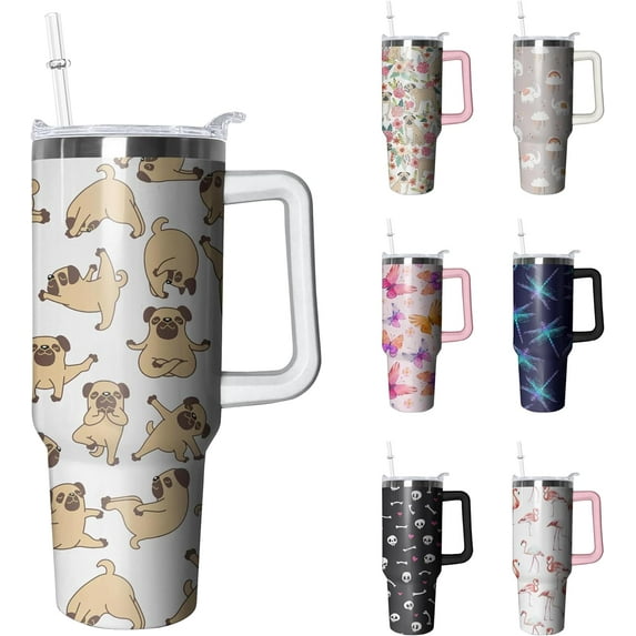 40oz Pug Floral Stainless Steel Tumbler with Handle and Straw, Dog Insulated Cup Travel Coffee Mug Water Bottle with Lid and Straw, Animal Lovers Women Gifts