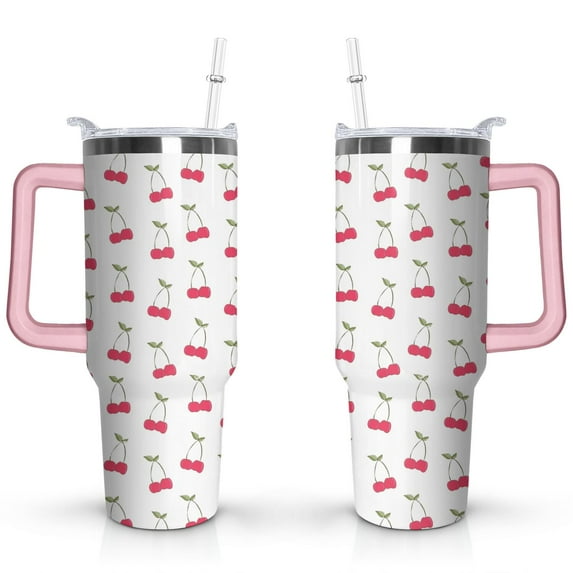 40oz Red Cherry Fruit Pattern Stainless Steel Flip Straw Tumbler Spill Proof Travel Cup Double Wall Vacuum Insulated Coffee Mug with Top Handle