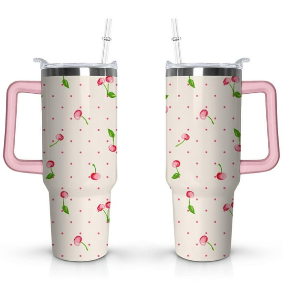 40oz Red Cherry Fruit Pattern Stainless Steel Flip Straw Tumbler Spill Proof Travel Cup Double Wall Vacuum Insulated Coffee Mug with Top Handle