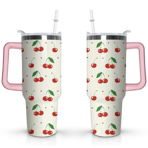 40oz Red Cherry Fruit Pattern Stainless Steel Flip Straw Tumbler Spill Proof Travel Cup Double Wall Vacuum Insulated Coffee Mug with Top Handle