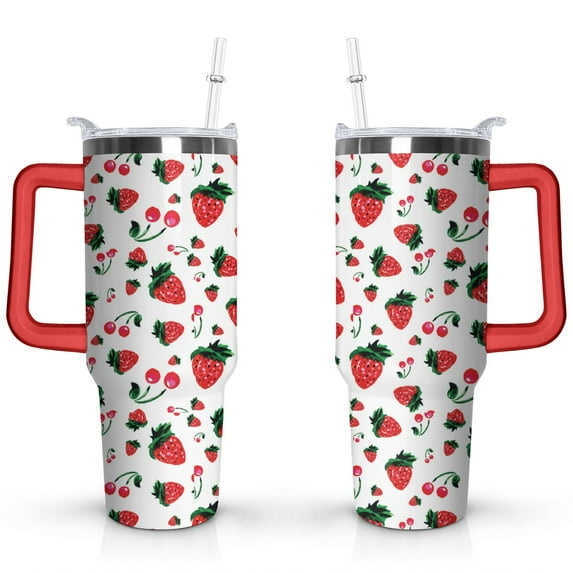 40oz Red Cherry Fruit Pattern Stainless Steel Flip Straw Tumbler Spill Proof Travel Cup Double Wall Vacuum Insulated Coffee Mug with Top Handle