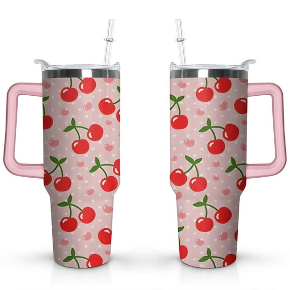 40oz Red Cherry Fruit Pattern Stainless Steel Flip Straw Tumbler Spill Proof Travel Cup Double Wall Vacuum Insulated Coffee Mug with Top Handle