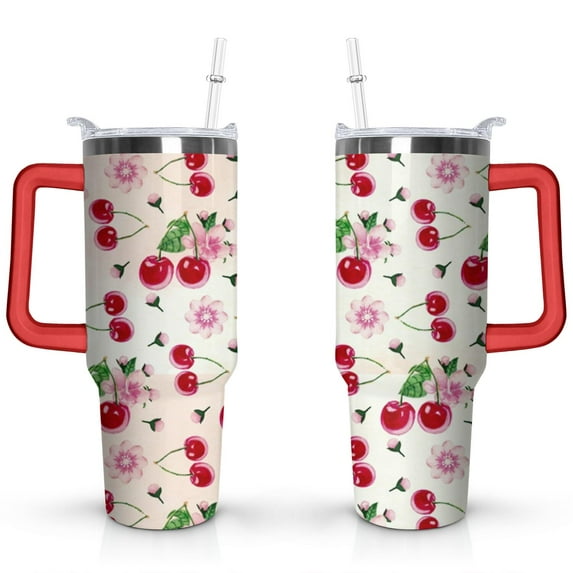 40oz Red Cherry Fruit Pattern Stainless Steel Flip Straw Tumbler Spill Proof Travel Cup Double Wall Vacuum Insulated Coffee Mug with Top Handle